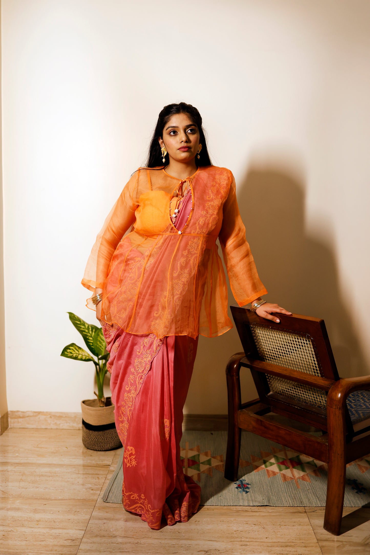 Saffron Radiance Organza Blouse with Rosewood Embroidered Saree