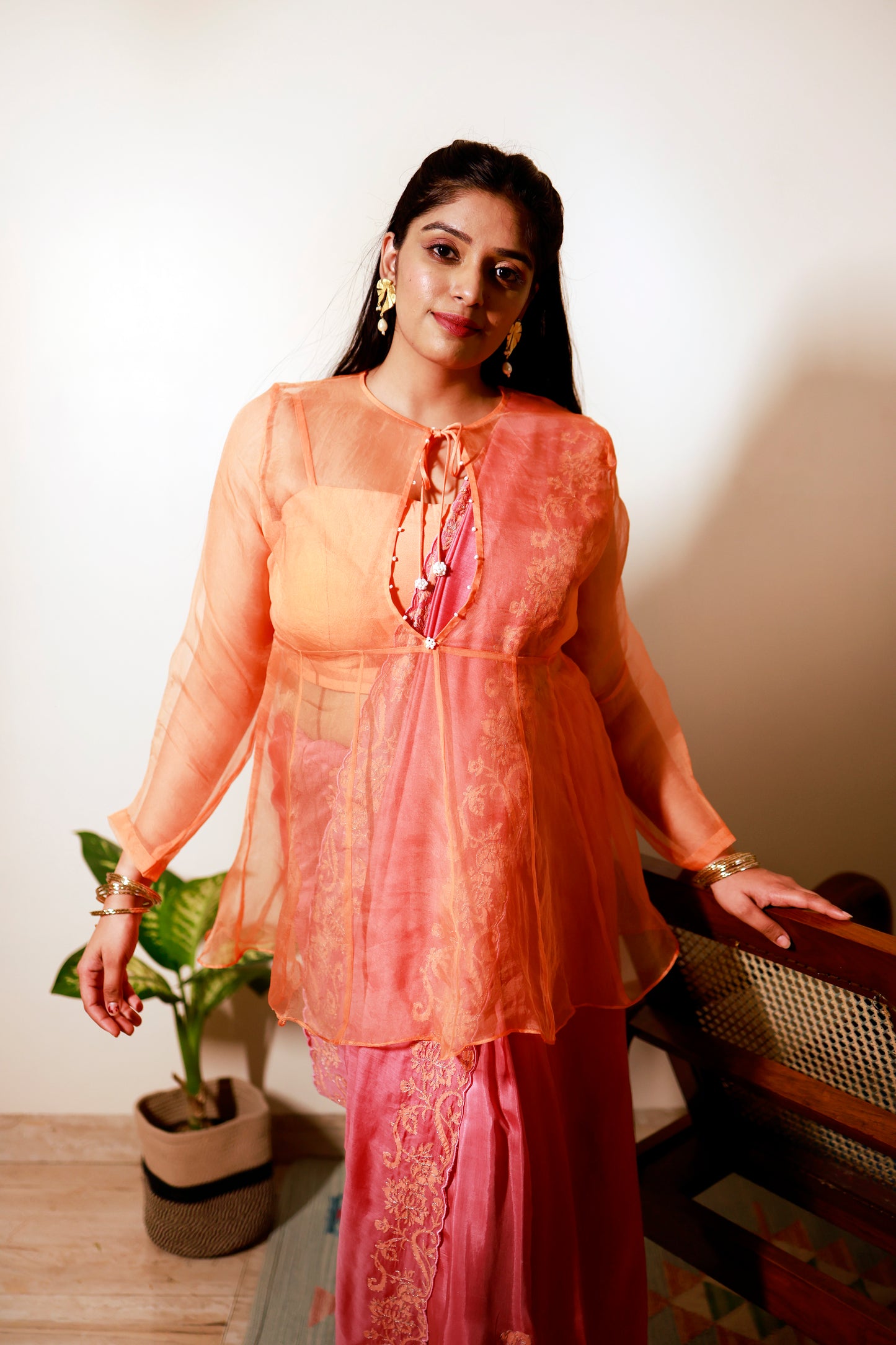 Saffron Radiance Organza Blouse with Rosewood Embroidered Saree