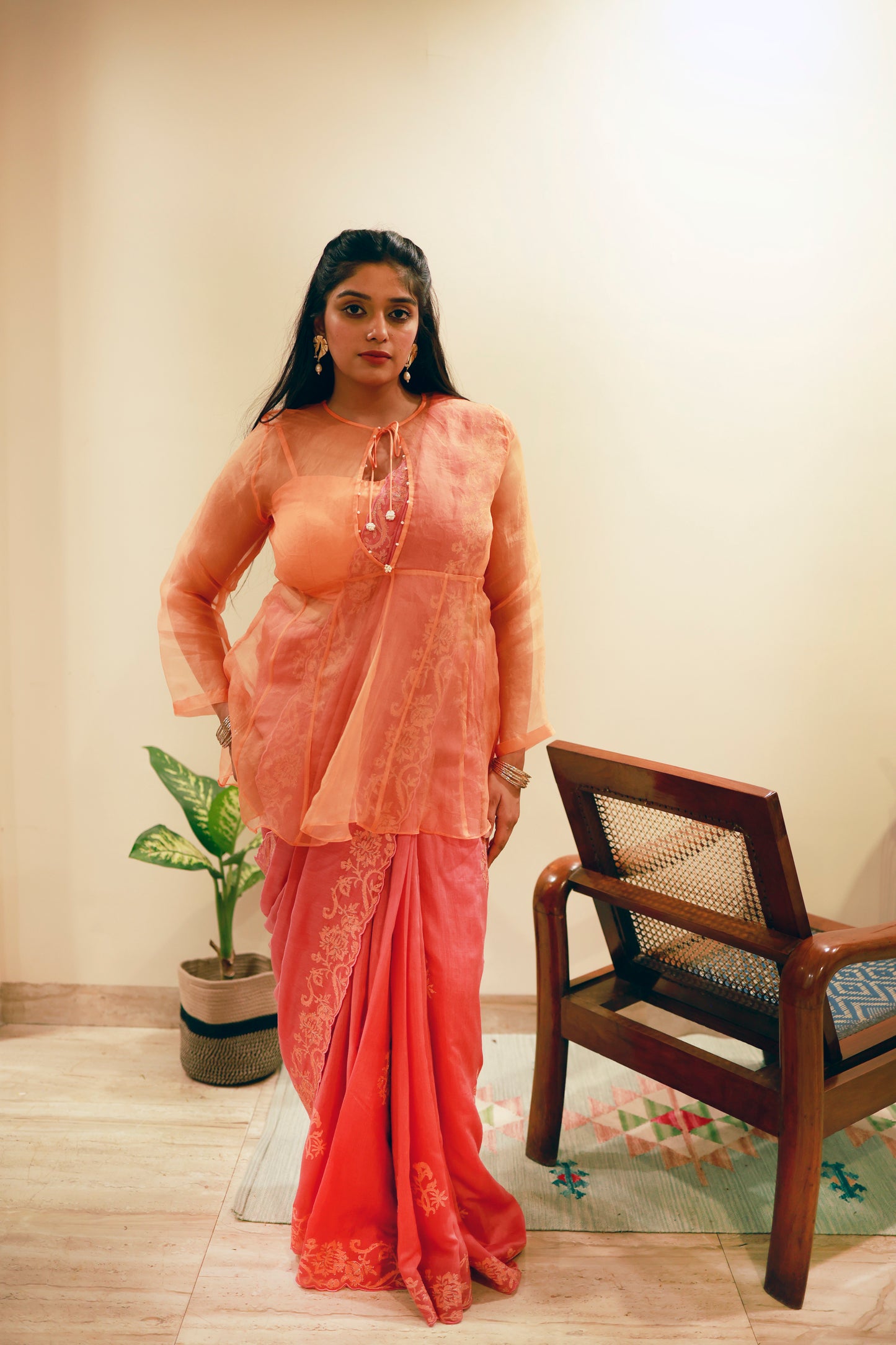 Saffron Radiance Organza Blouse with Rosewood Embroidered Saree