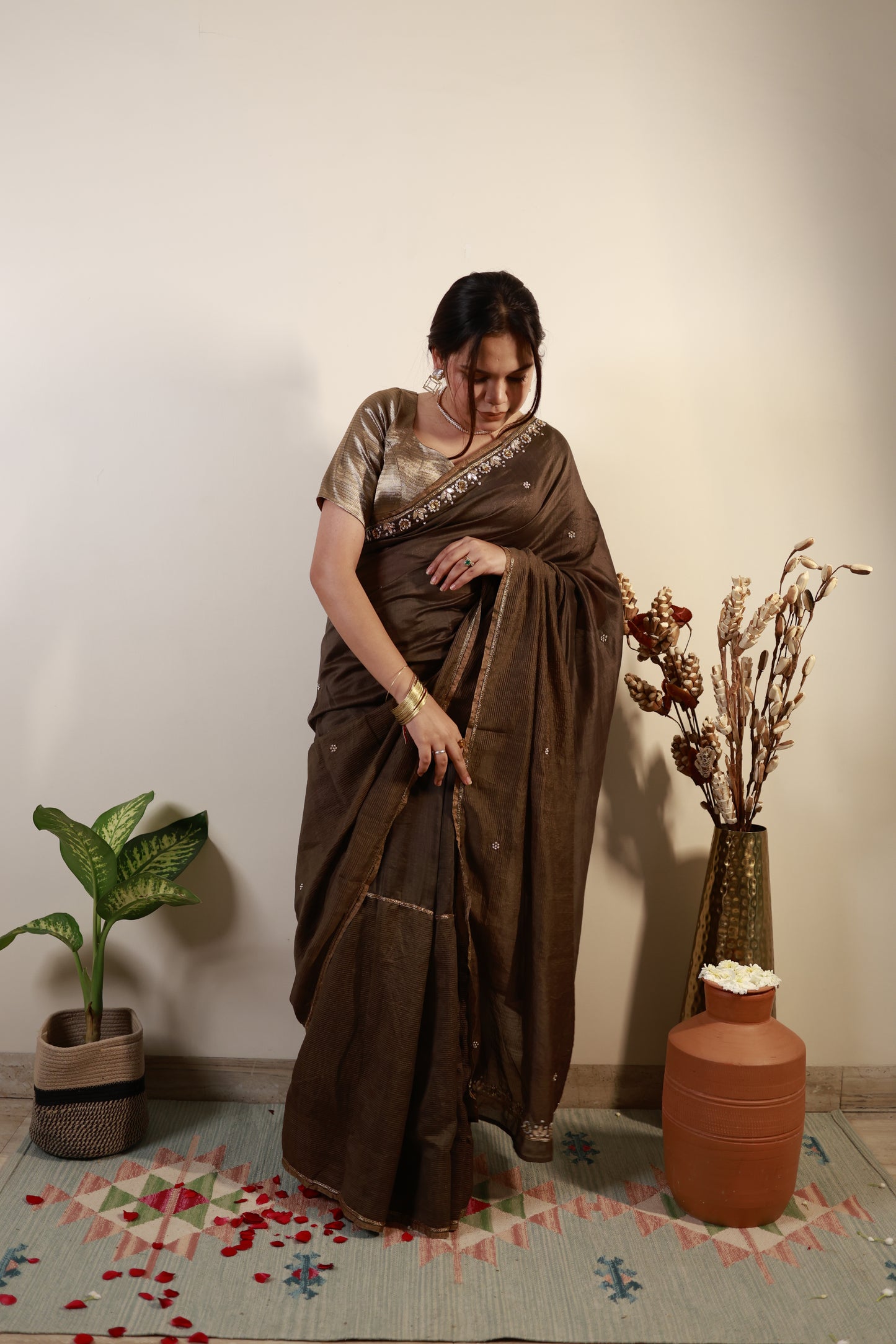 Mocha Brown Chanderi-Zari Saree with Antique Sequin Border
