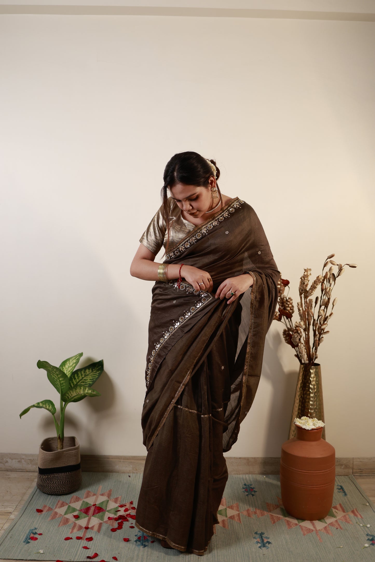 Mocha Brown Chanderi-Zari Saree with Antique Sequin Border