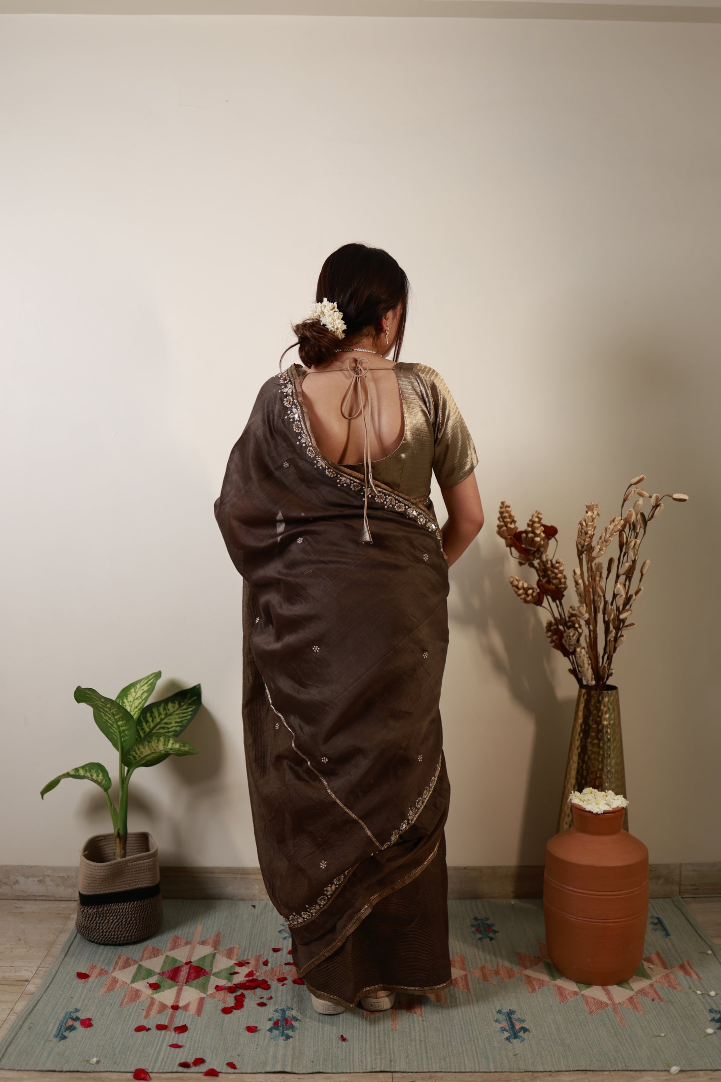 Mocha Brown Chanderi-Zari Saree with Antique Sequin Border