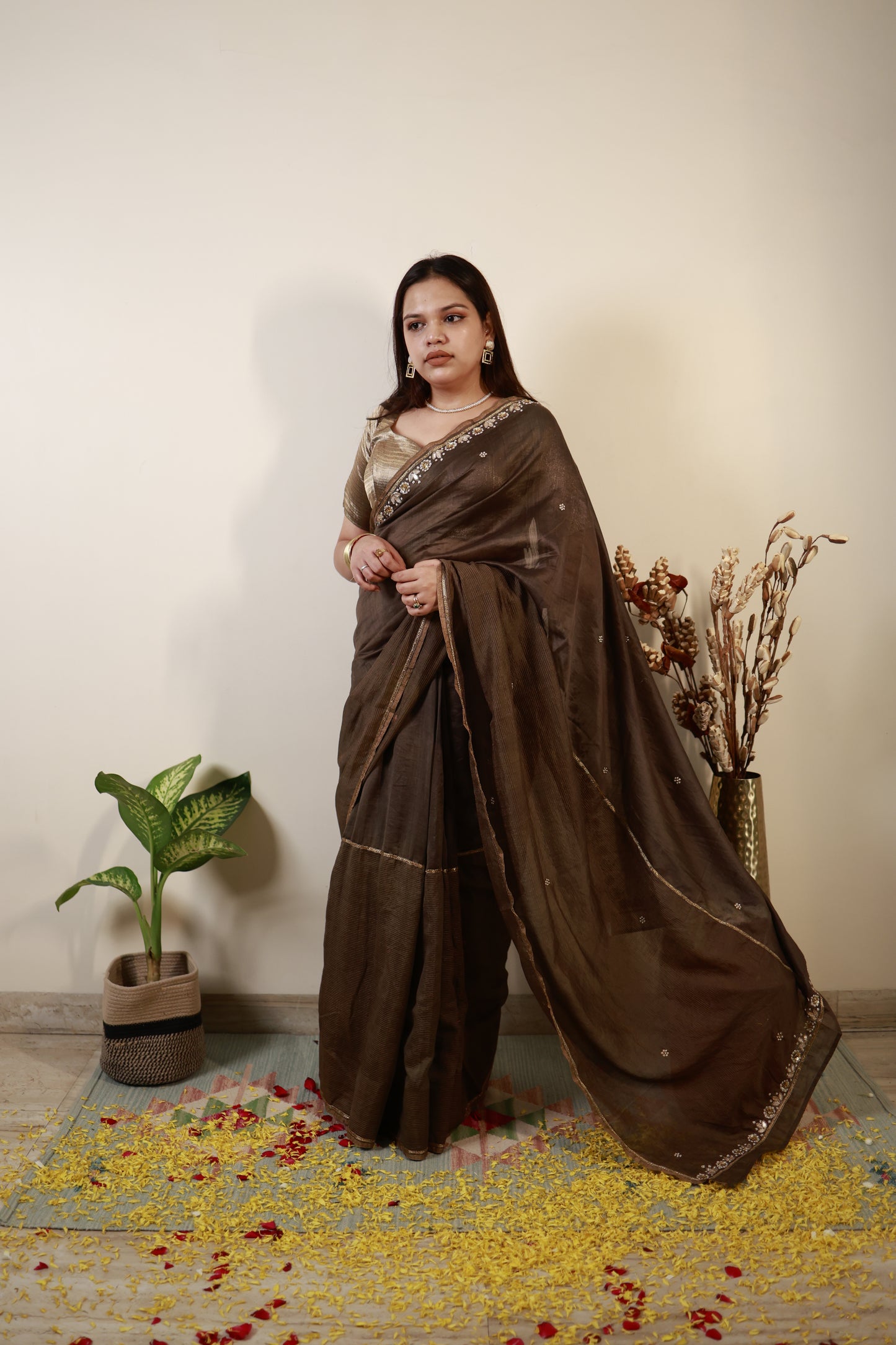 Mocha Brown Chanderi-Zari Saree with Antique Sequin Border