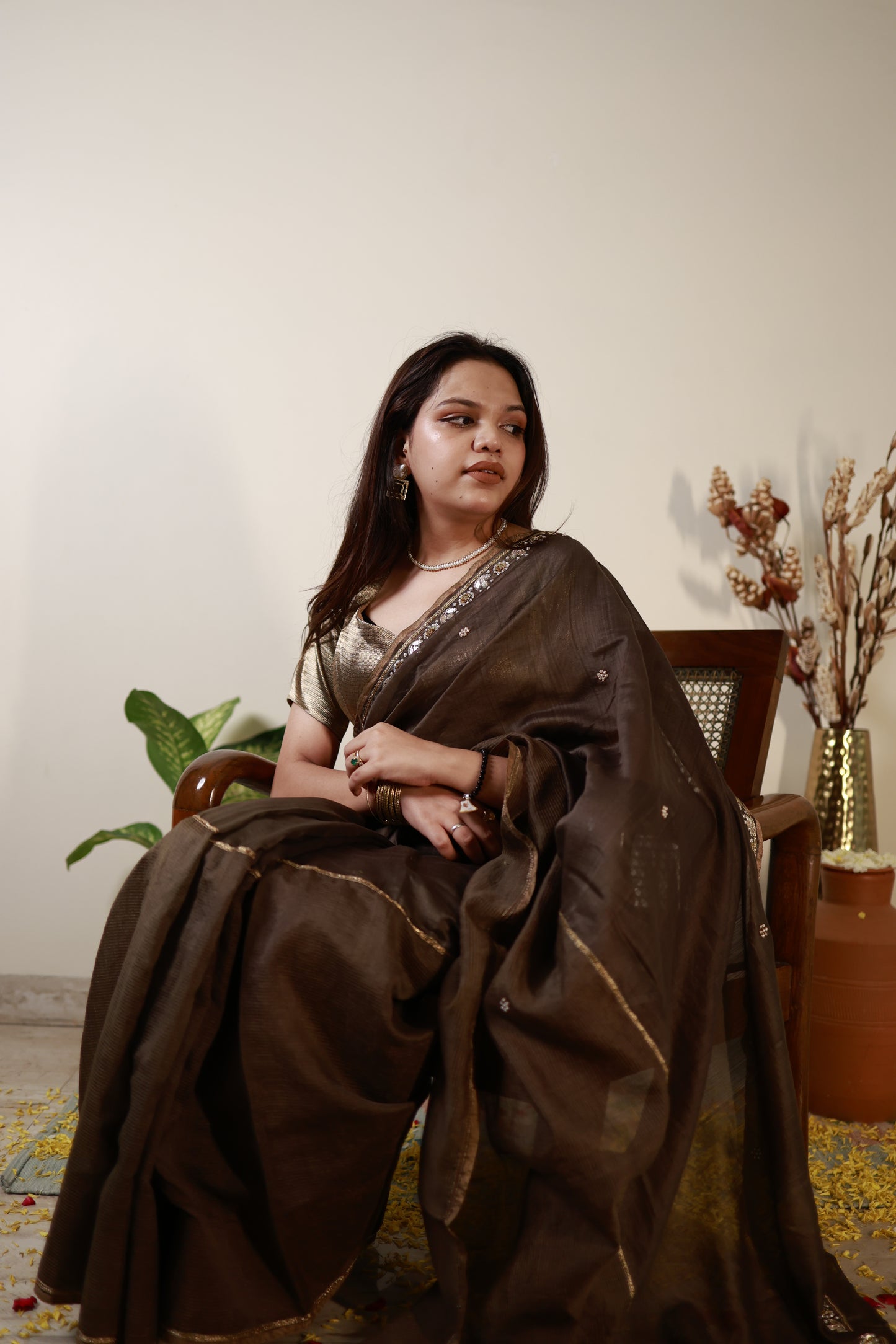 Mocha Brown Chanderi-Zari Saree with Antique Sequin Border
