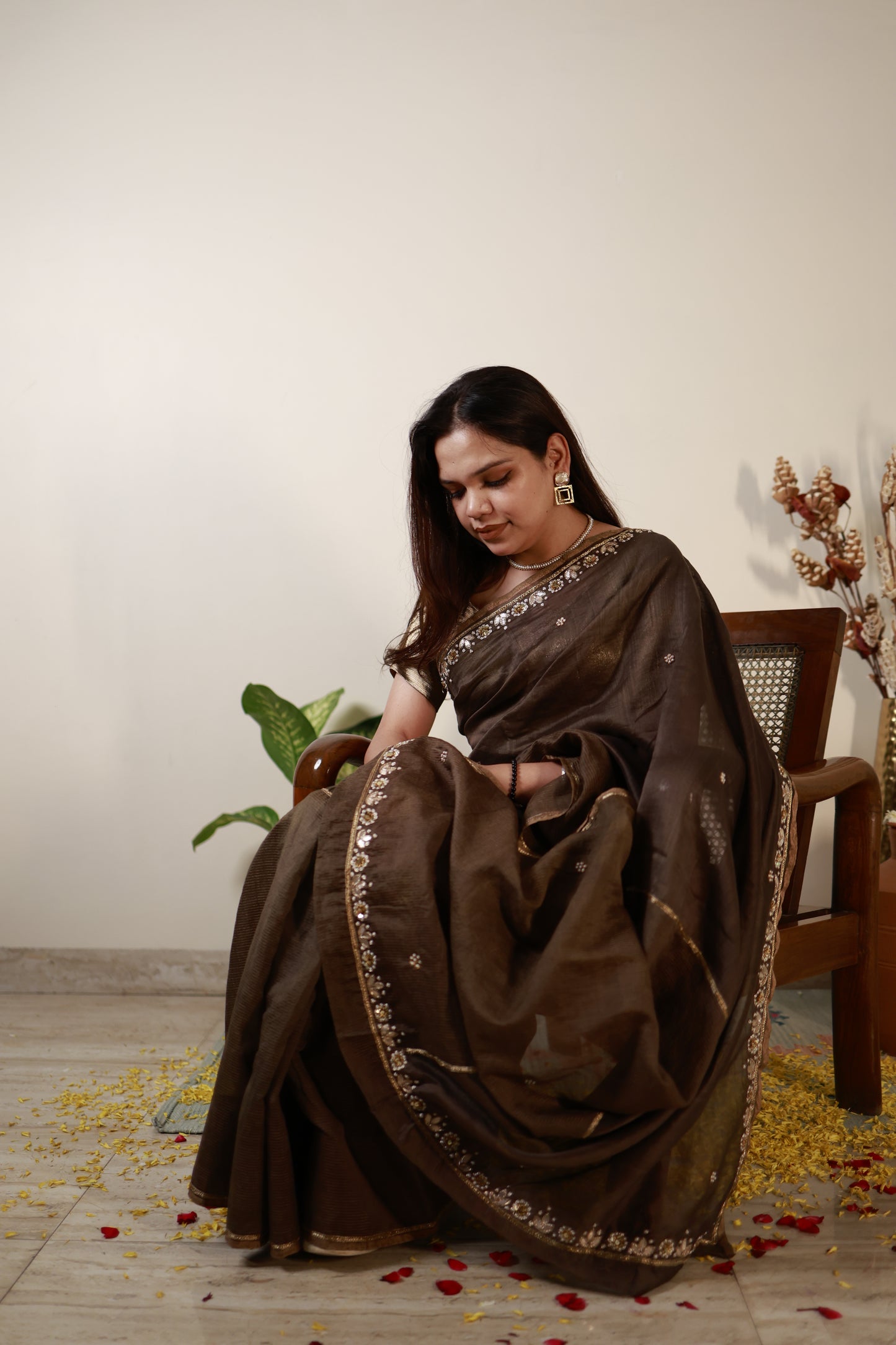 Mocha Brown Chanderi-Zari Saree with Antique Sequin Border