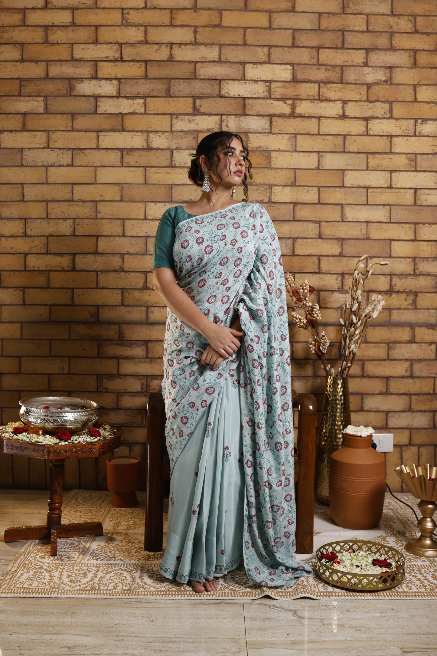 Sea Blue Hand Block Print Cotton Silk Saree