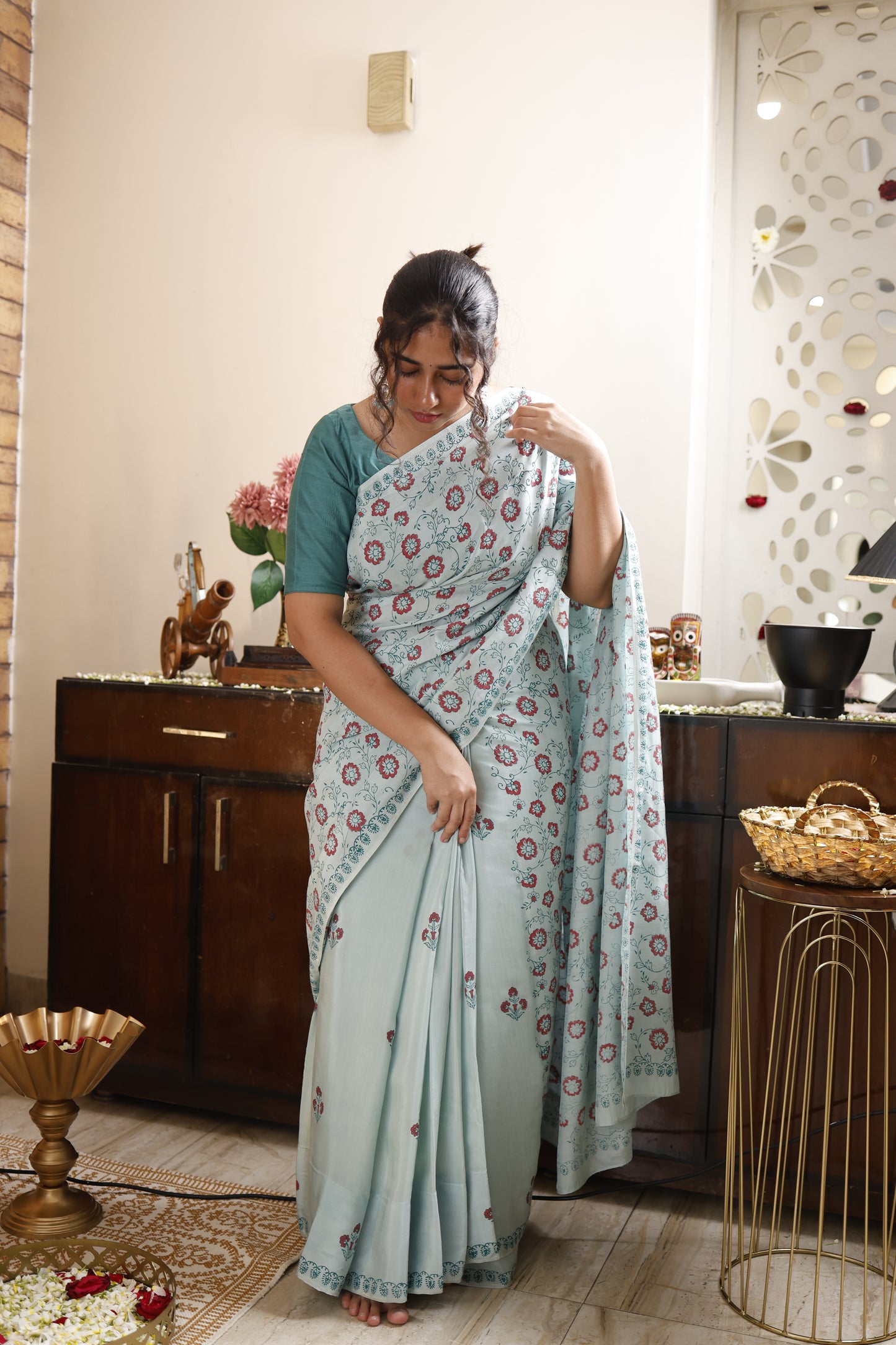 Sea Blue Hand Block Print Cotton Silk Saree