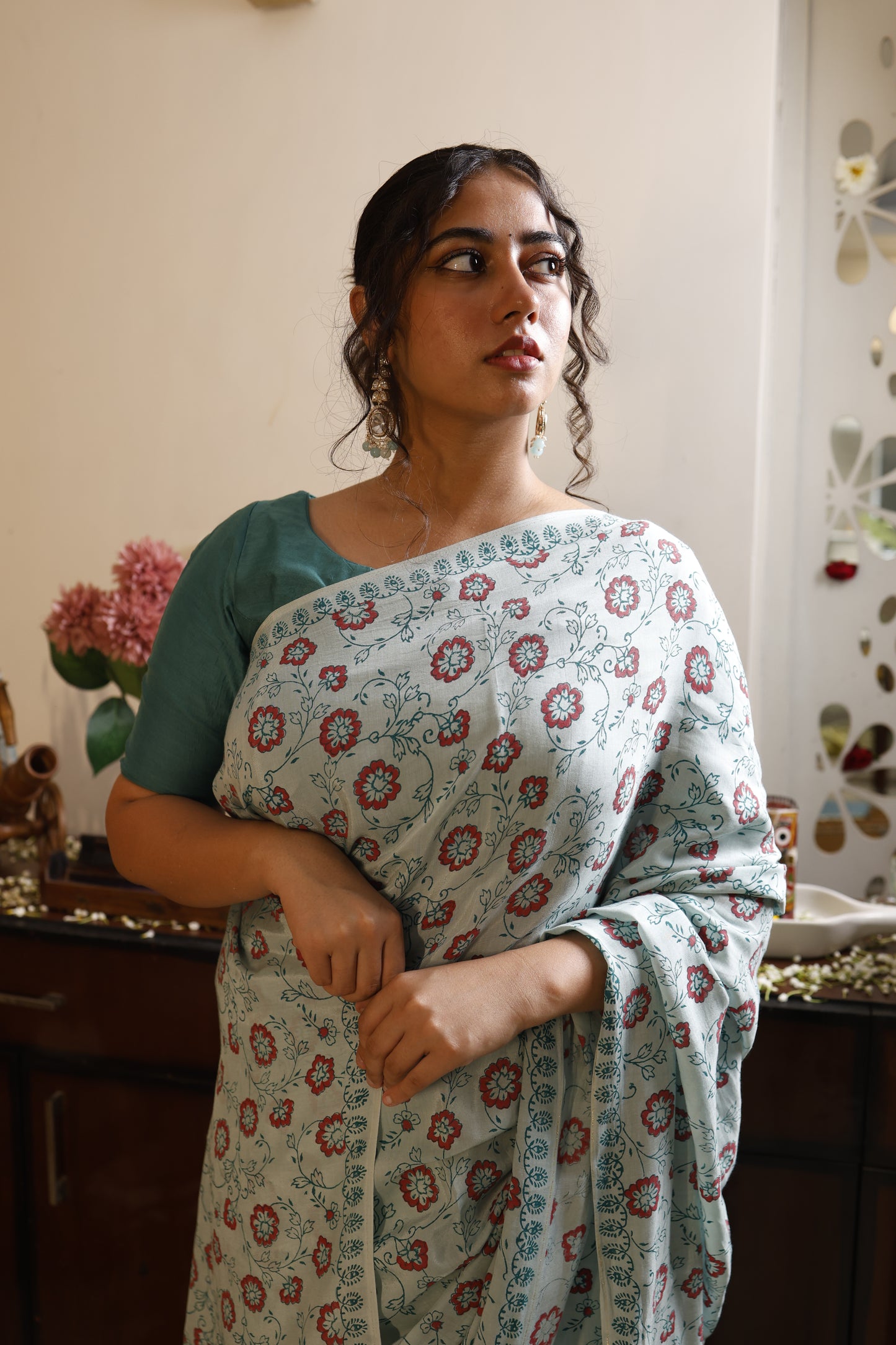 Sea Blue Hand Block Print Cotton Silk Saree