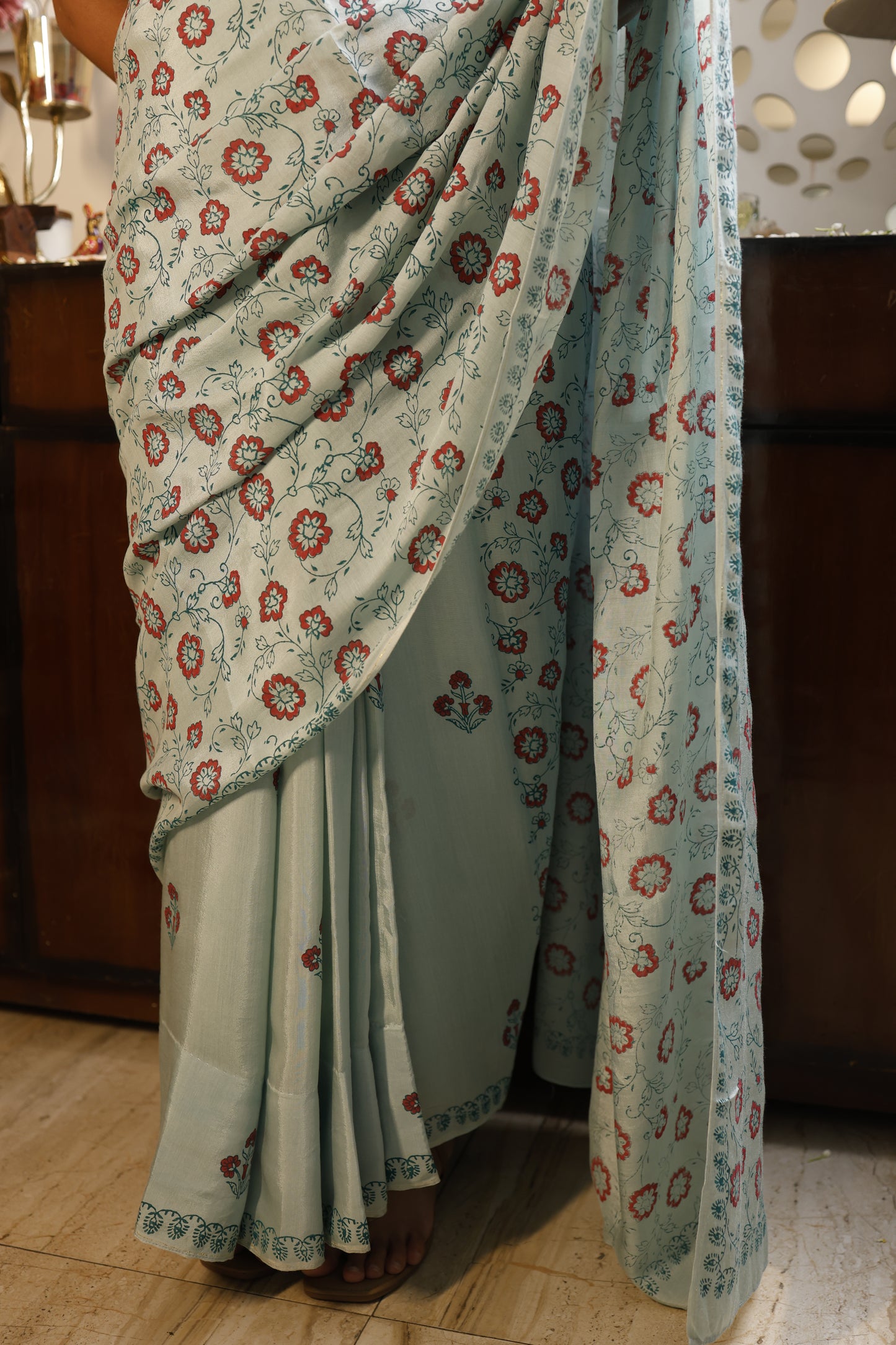 Sea Blue Hand Block Print Cotton Silk Saree