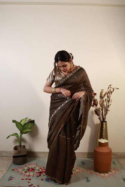 Mocha Brown Chanderi-Zari Saree with Antique Sequin Border