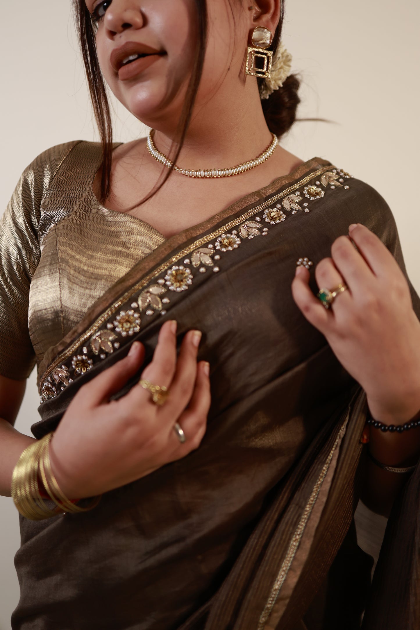 Mocha Brown Chanderi-Zari Saree with Antique Sequin Border