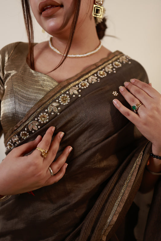 Mocha Brown Chanderi-Zari Saree with Antique Sequin Border
