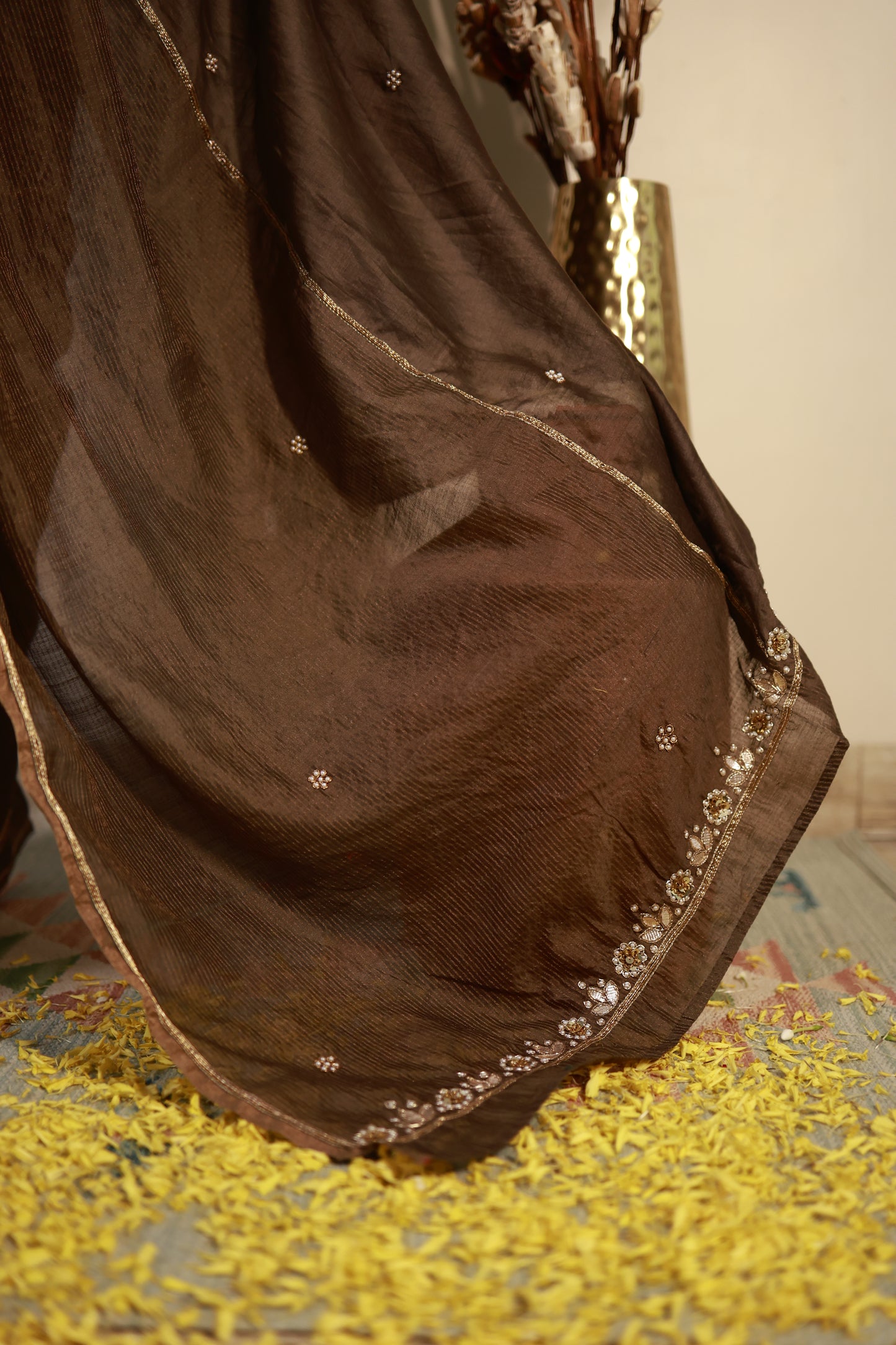 Mocha Brown Chanderi-Zari Saree with Antique Sequin Border