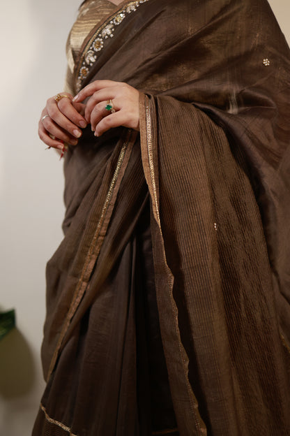 Mocha Brown Chanderi-Zari Saree with Antique Sequin Border
