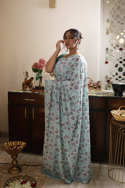Sea Blue Hand Block Print Cotton Silk Saree