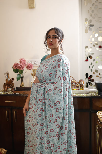 Sea Blue Hand Block Print Cotton Silk Saree