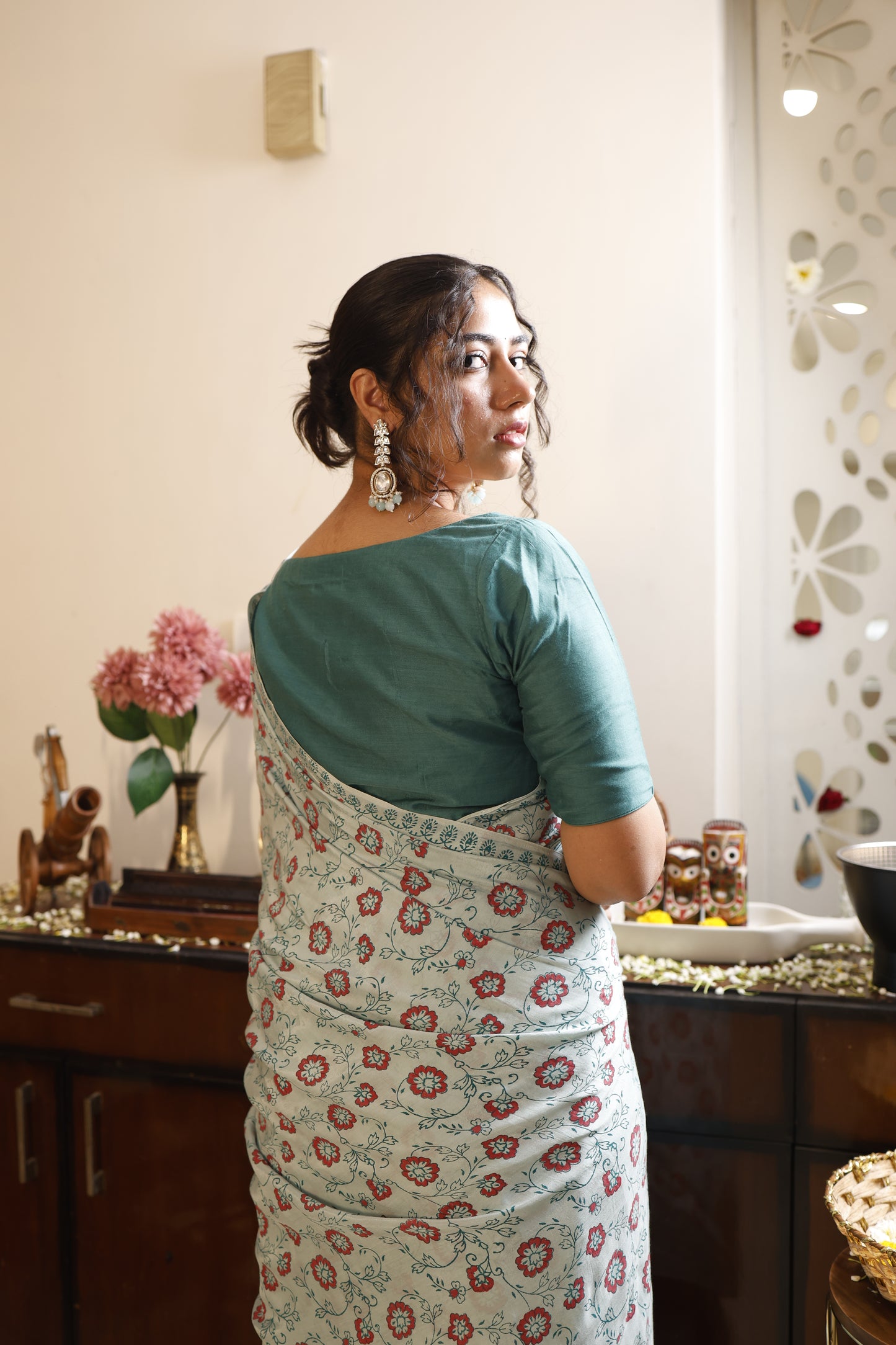 Sea Blue Hand Block Print Cotton Silk Saree