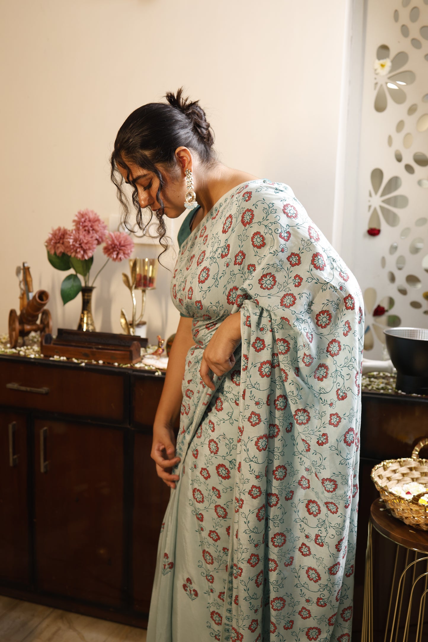 Sea Blue Hand Block Print Cotton Silk Saree