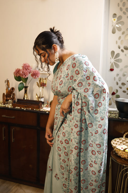 Sea Blue Hand Block Print Cotton Silk Saree