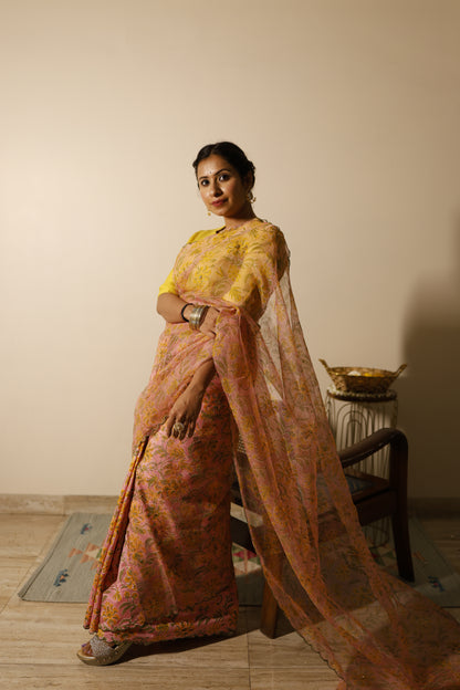 Blush Bloom Hand Block Print Saree Set