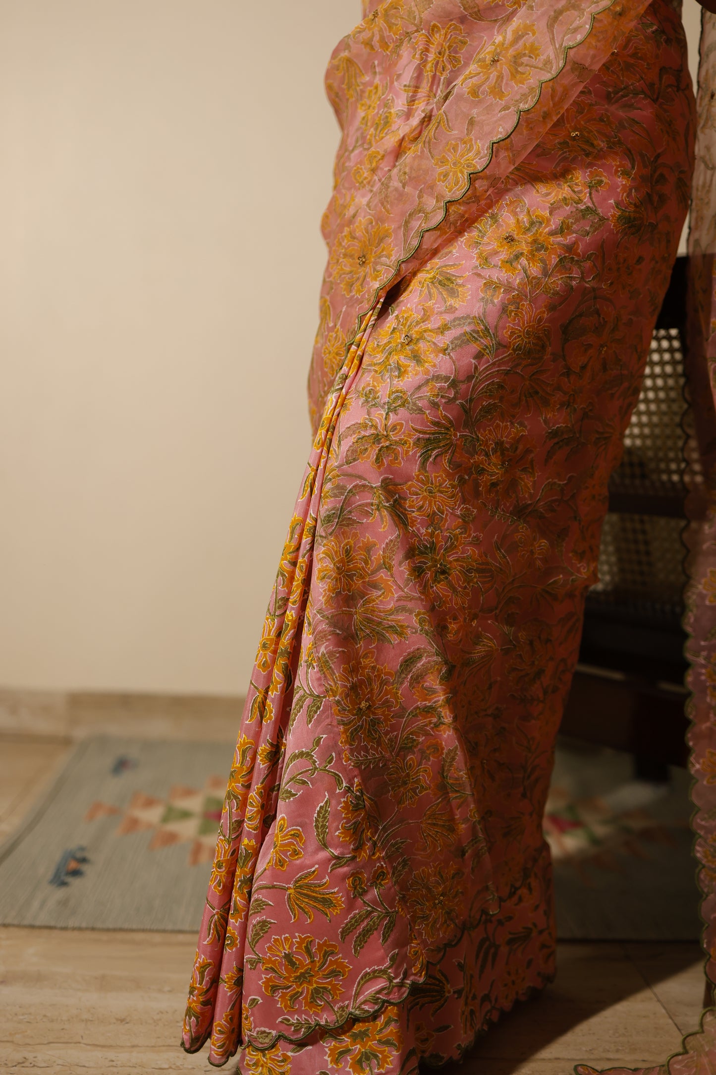 Blush Bloom Hand Block Print Saree Set