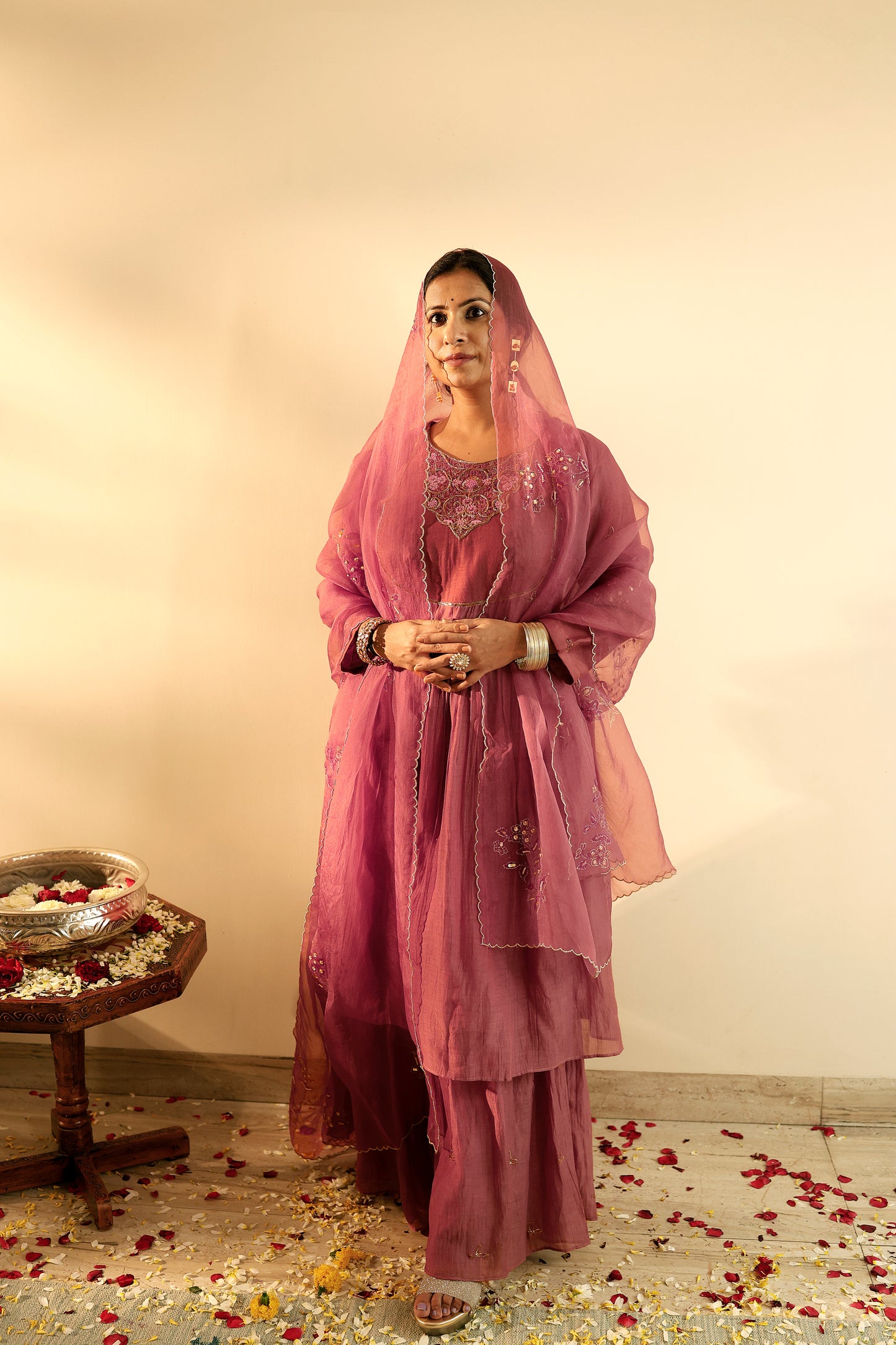 Old Rose Peplum Kurta Gharara Set