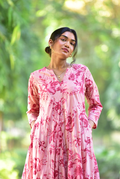 rose pink cotton silk kurta with pockets