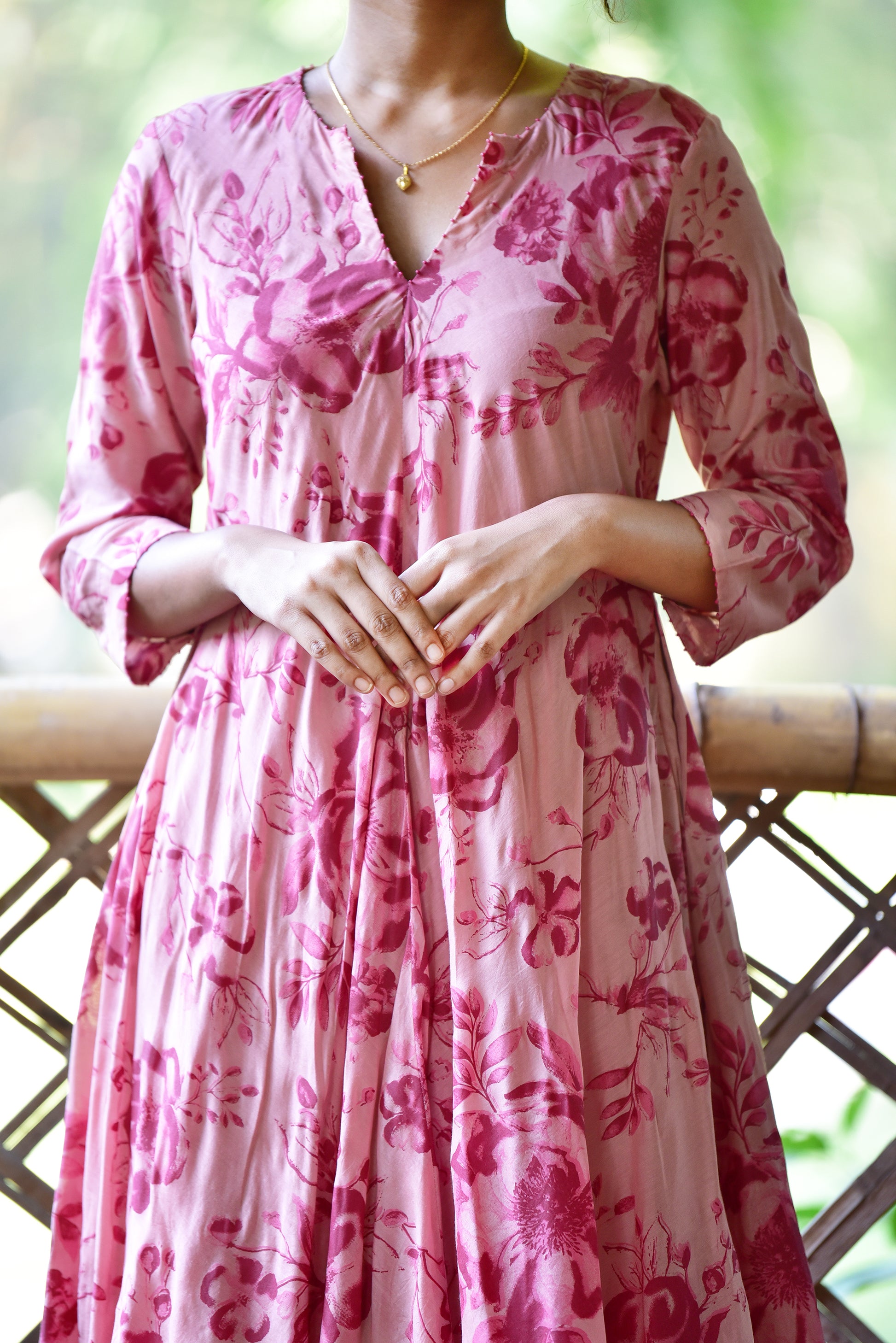 cotton silk kurta pink hand block print close up
