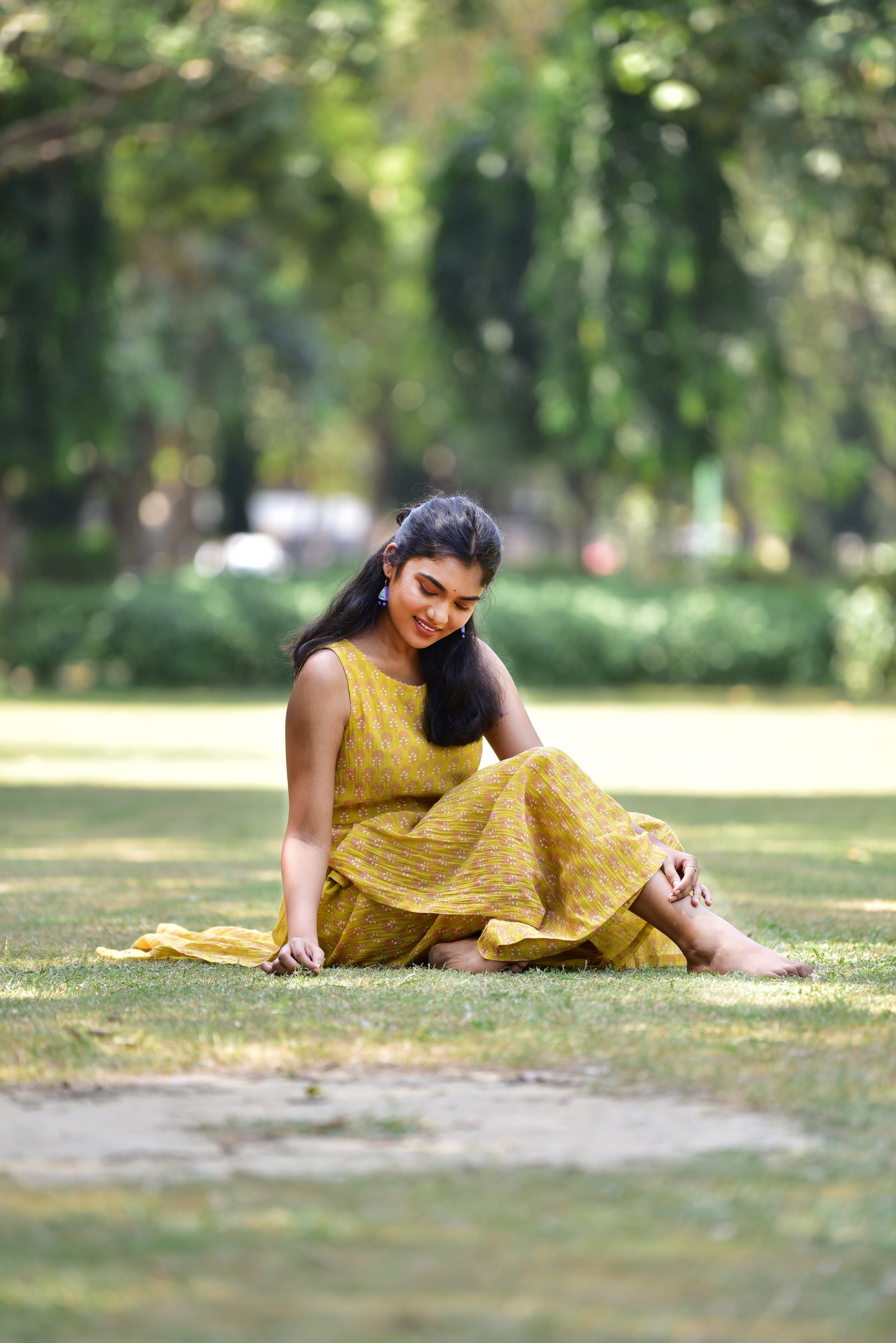 Lemon Yellow Hand Block Printed Chanderi Kurta with Palazzo-Set of 2-loom-ogaan
