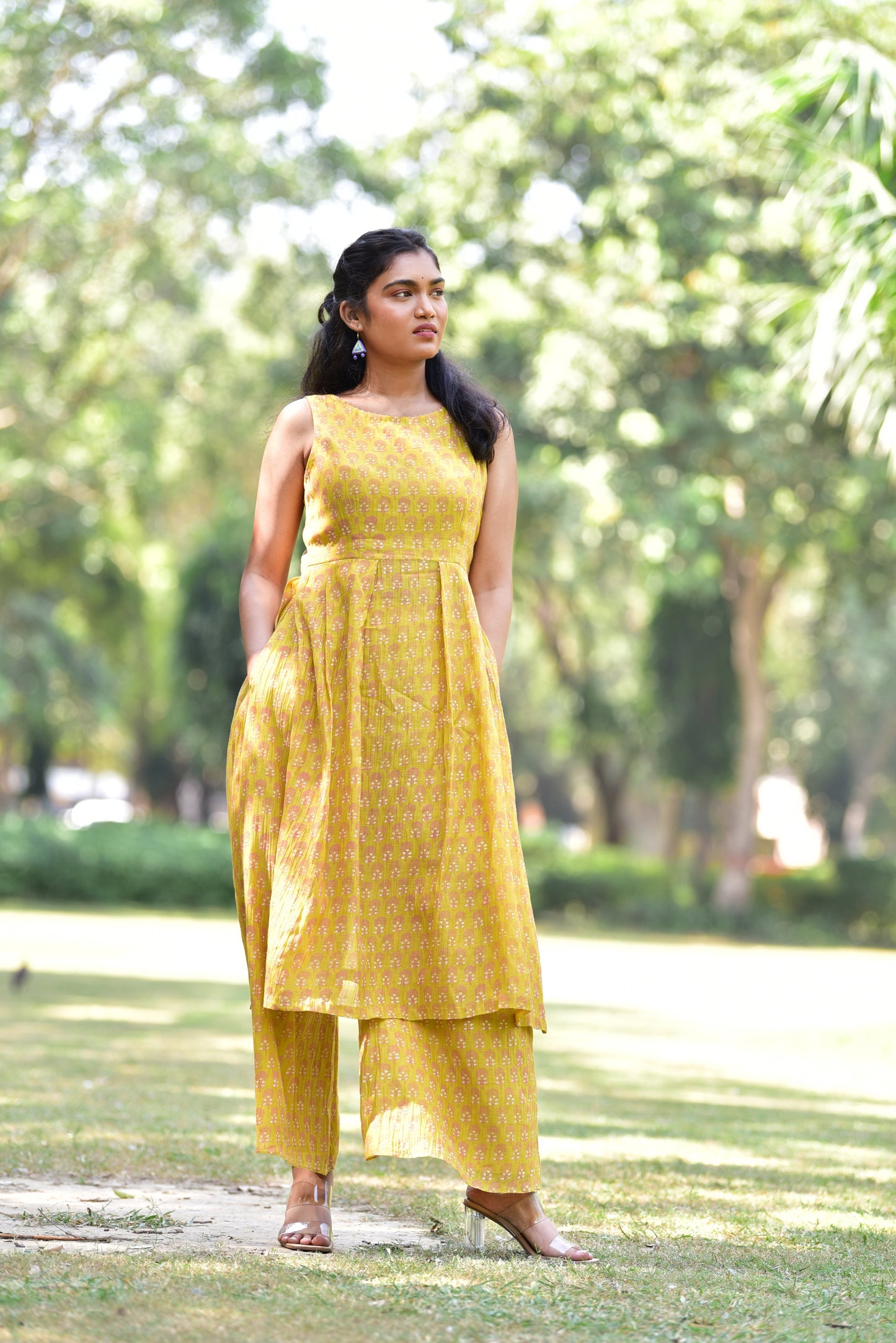 Lemon Yellow Hand Block Printed Chanderi Kurta Set of 2-loom-ogaan