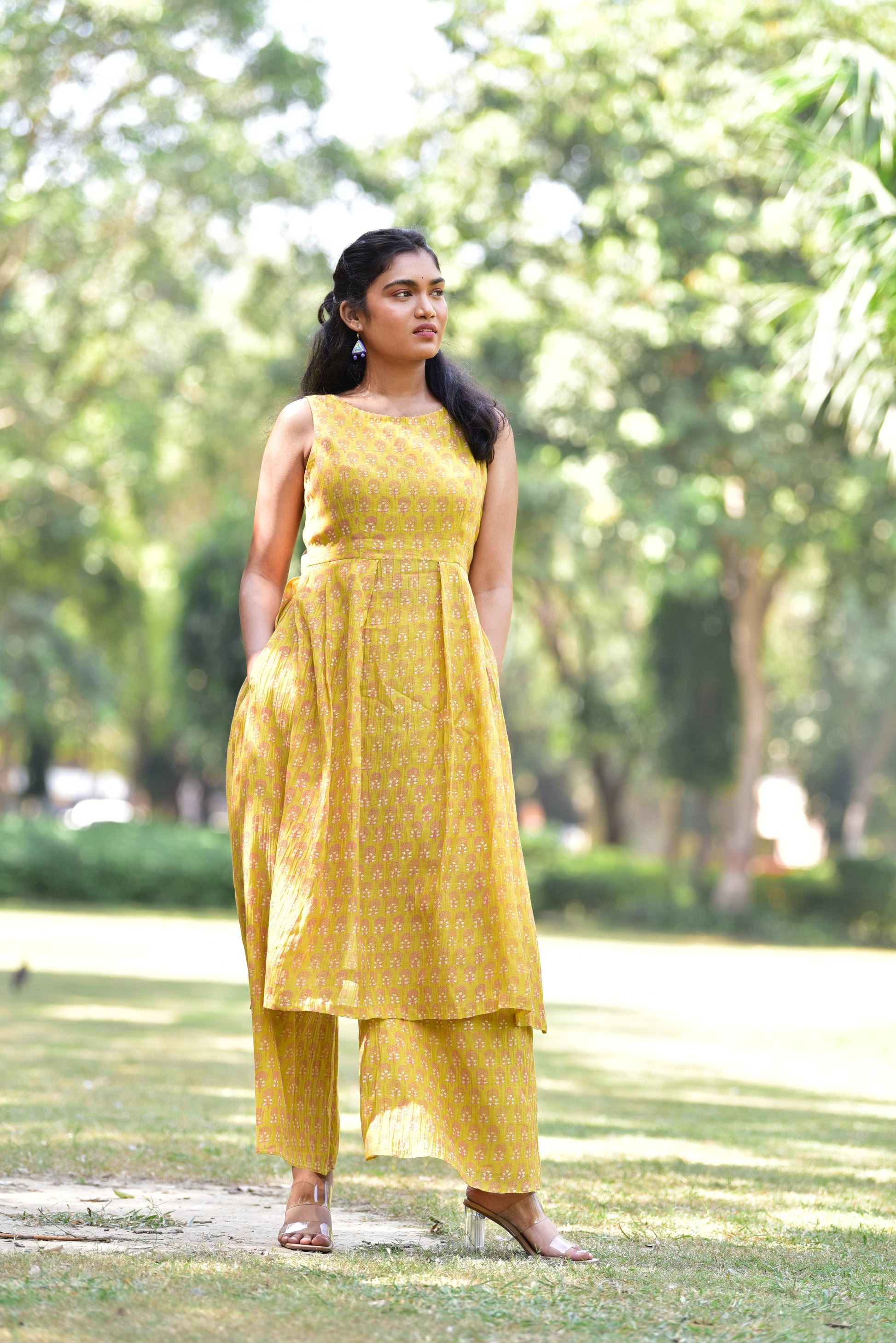 Lemon Yellow Hand Block Printed Chanderi Kurta Set of 2-loom-ogaan