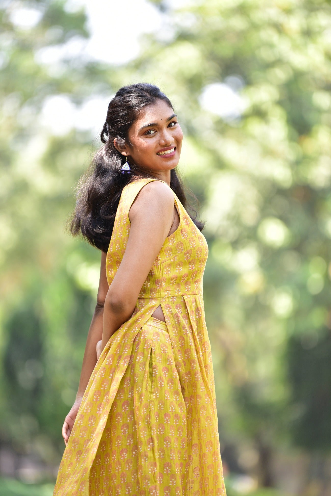 Designer Lemon Yellow Chanderi Handblock Kurta with Palazzo-loom-ogaan
