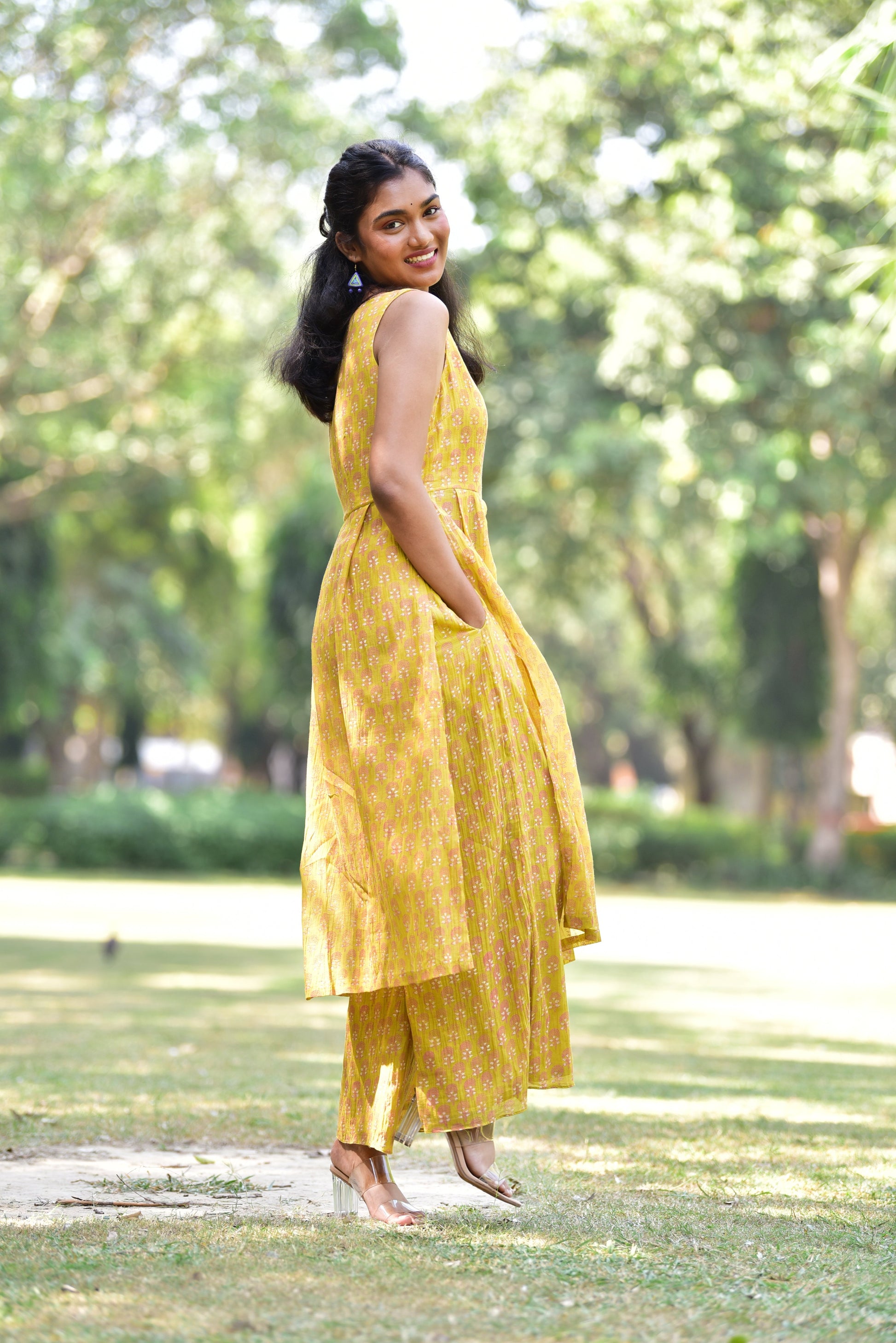 Trending Kurta Sets for girls-Lemon Yellow-Handblock