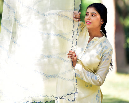 hand block printed organza floral bel dupatta with scallop border