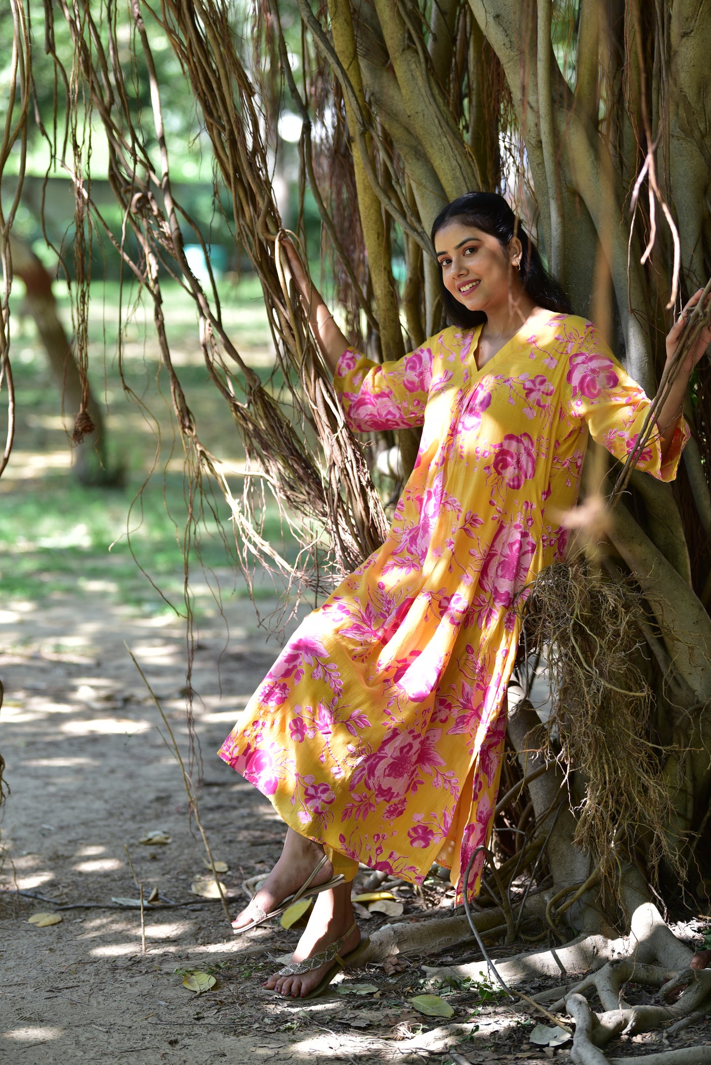 mustard-yellow-kurta-with-pants-pink-floral-hand-block-print