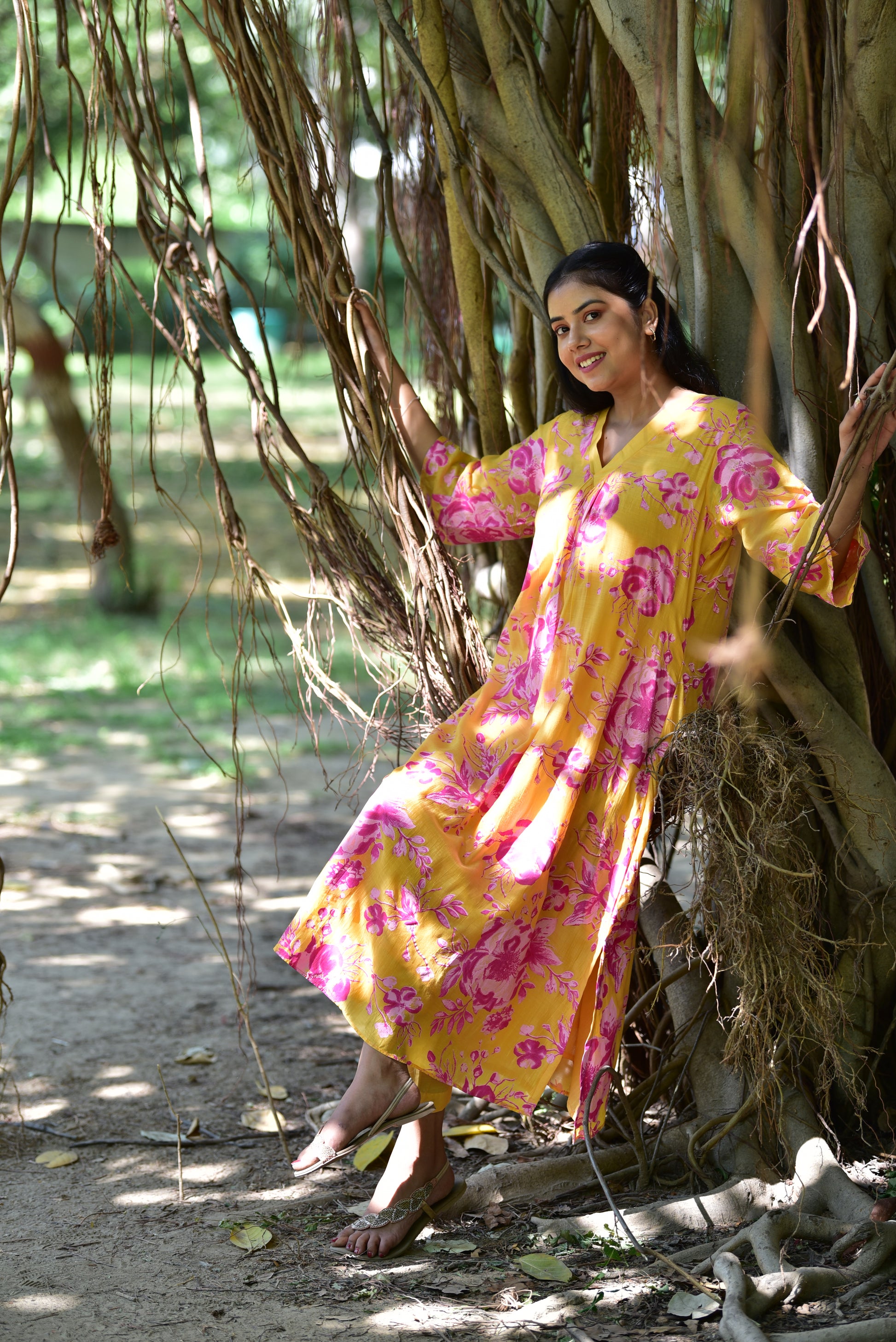 mustard-yellow-kurta-with-pants-pink-floral-hand-block-print