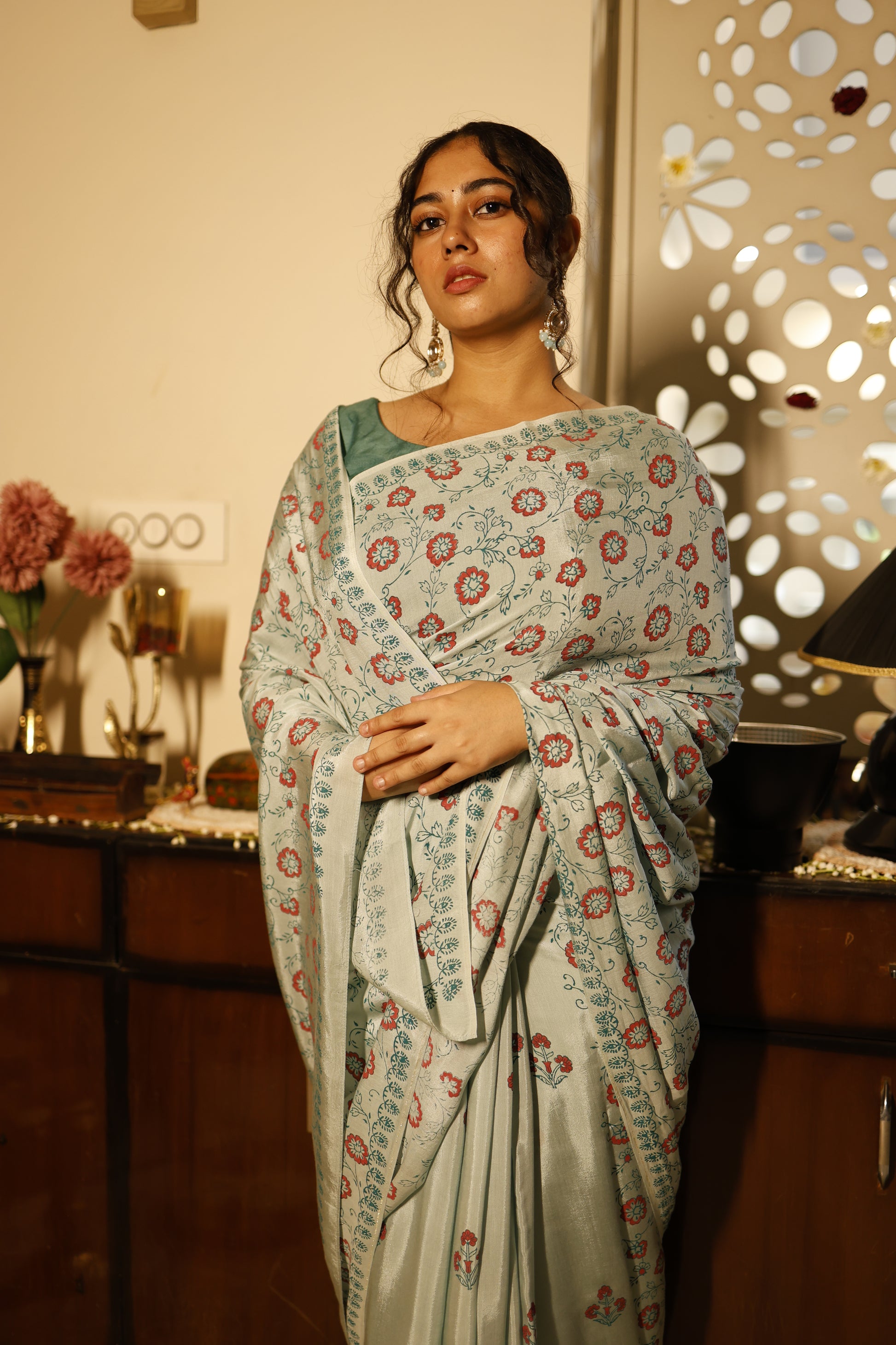 sea blue cotton silk saree with hand block print