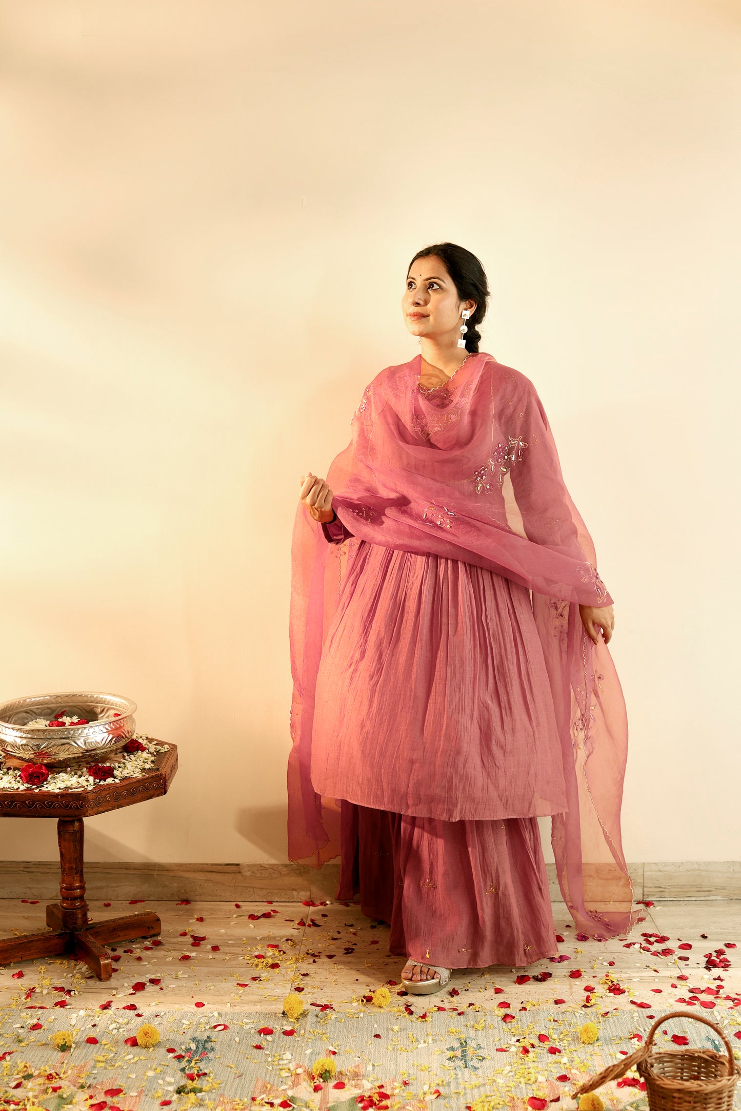 onion color kurta gharara set with organza dupatta from gulmohar by erui
