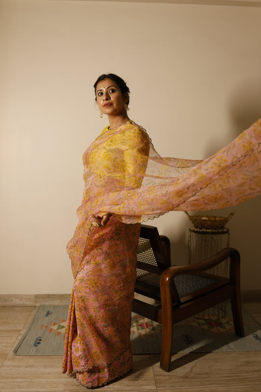 light pink organza and cotton silk saree, yellow chanderi blouse