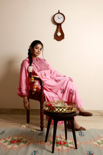 handblock printed pink designer limited edition kurta set
