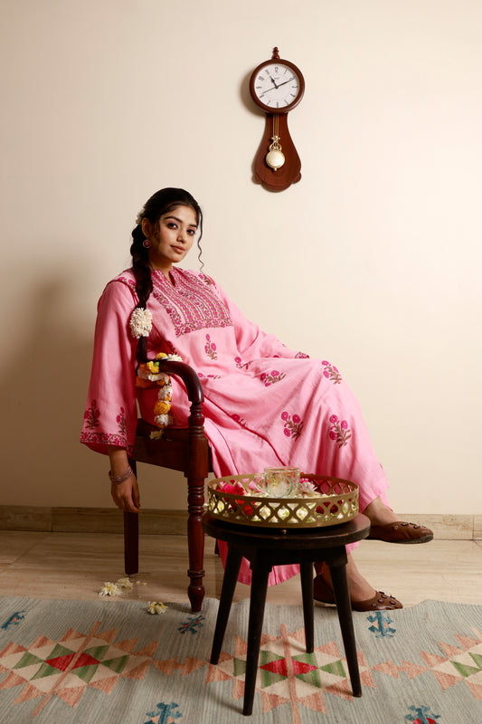 handblock printed pink designer limited edition kurta set